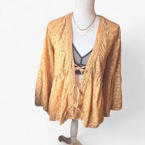 Logo by Lavish Mustard Embroidered Eyelet Tie Front Top XS Boho Cottagecore